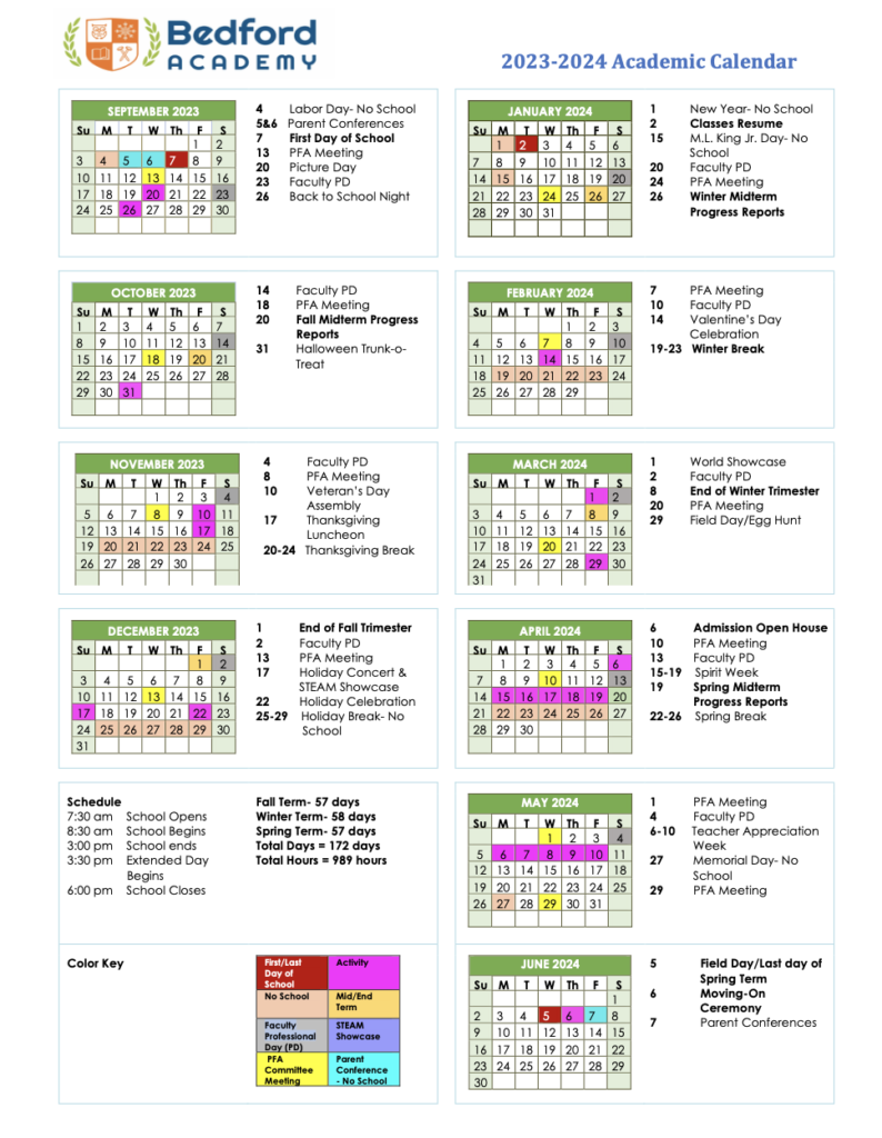 Calendar Bedford Academy